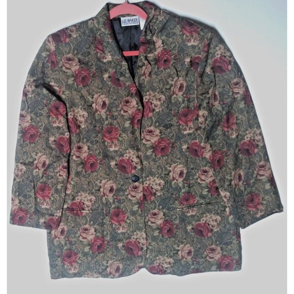Liz Baker Essentials Jackets & Blazers - VTG Womens Floral Blazer Jacket Sz 18 poly-wool blend Liz Baker green burgundy